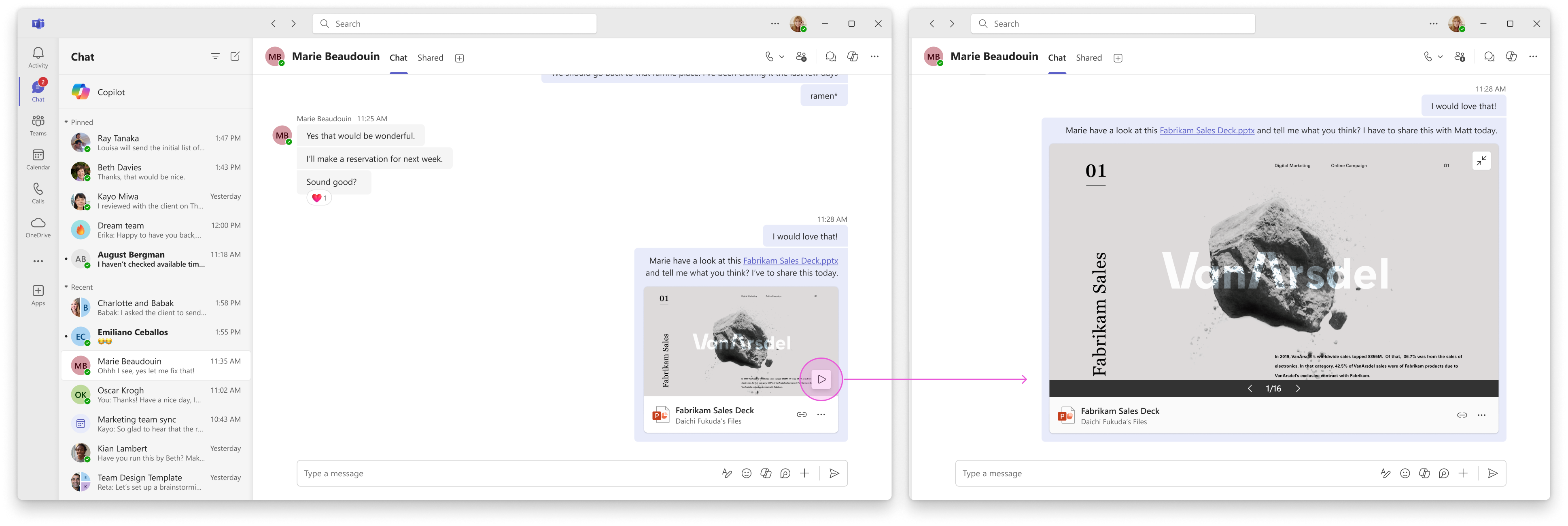 Förhandsgranska den delade pdf-filen direkt i chatten. Bildkälla: Microsoft
