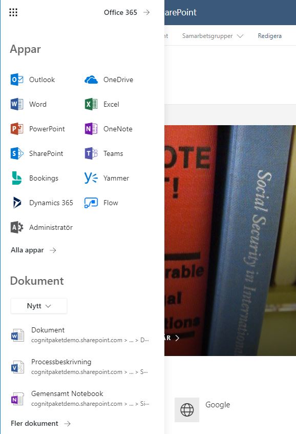 Klicka på länken Office 365 uppe till höger i Appfönstret