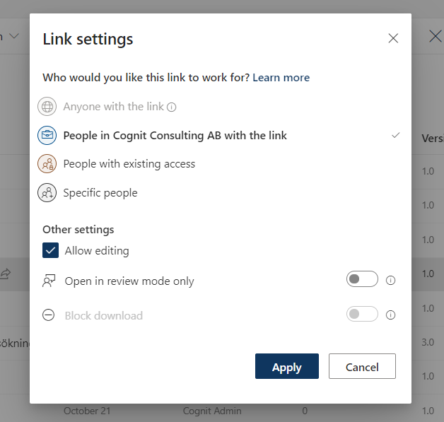Välj vem du vill dela filerna med och vilja behörigheter de ska ha