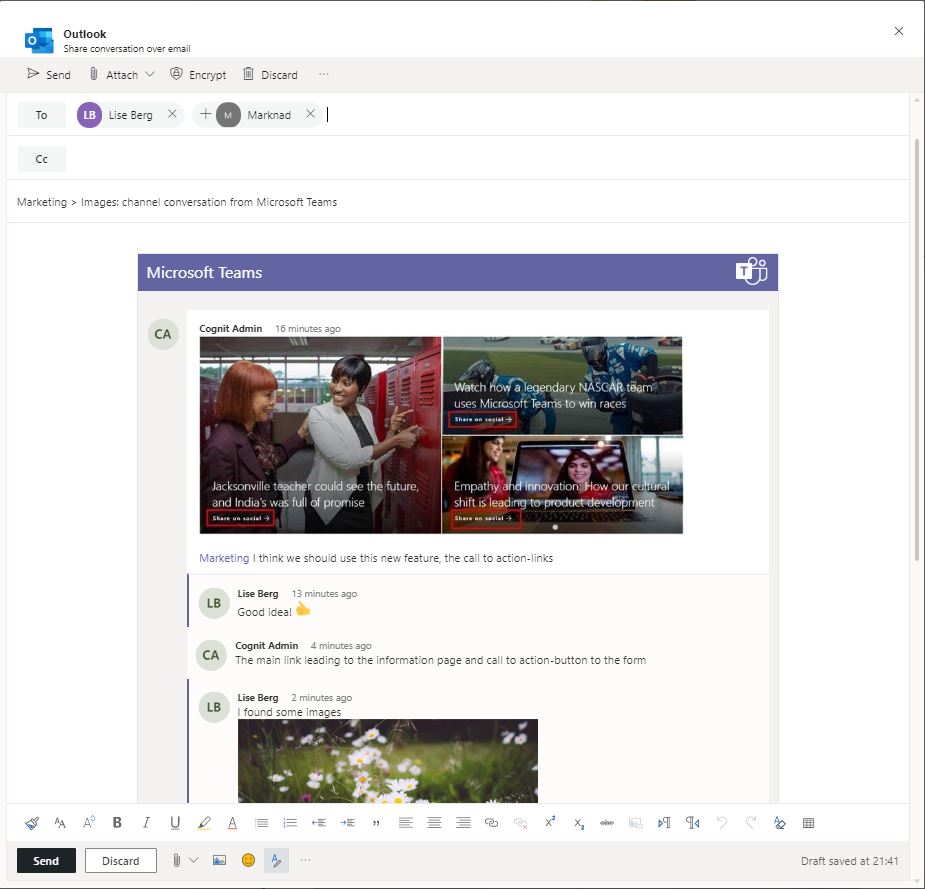 Använd Dela till Outlook för att dokumentera en konversation